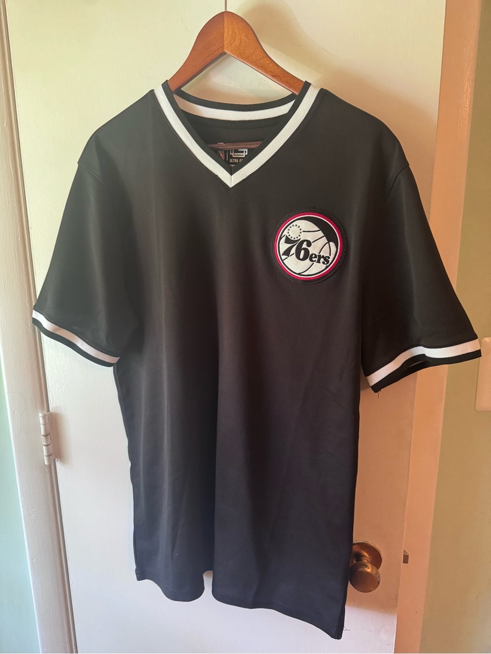 NBA Black Philadelphia 76ers V-Neck Short Sleeve Jersey - Team Patch Detail